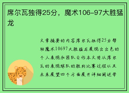 席尔瓦独得25分，魔术106-97大胜猛龙